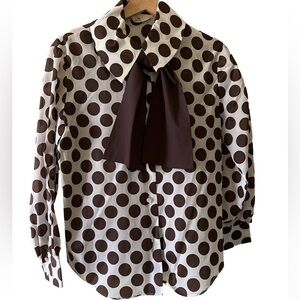 VTG 70’s brown ivory polka dot blouse with tie